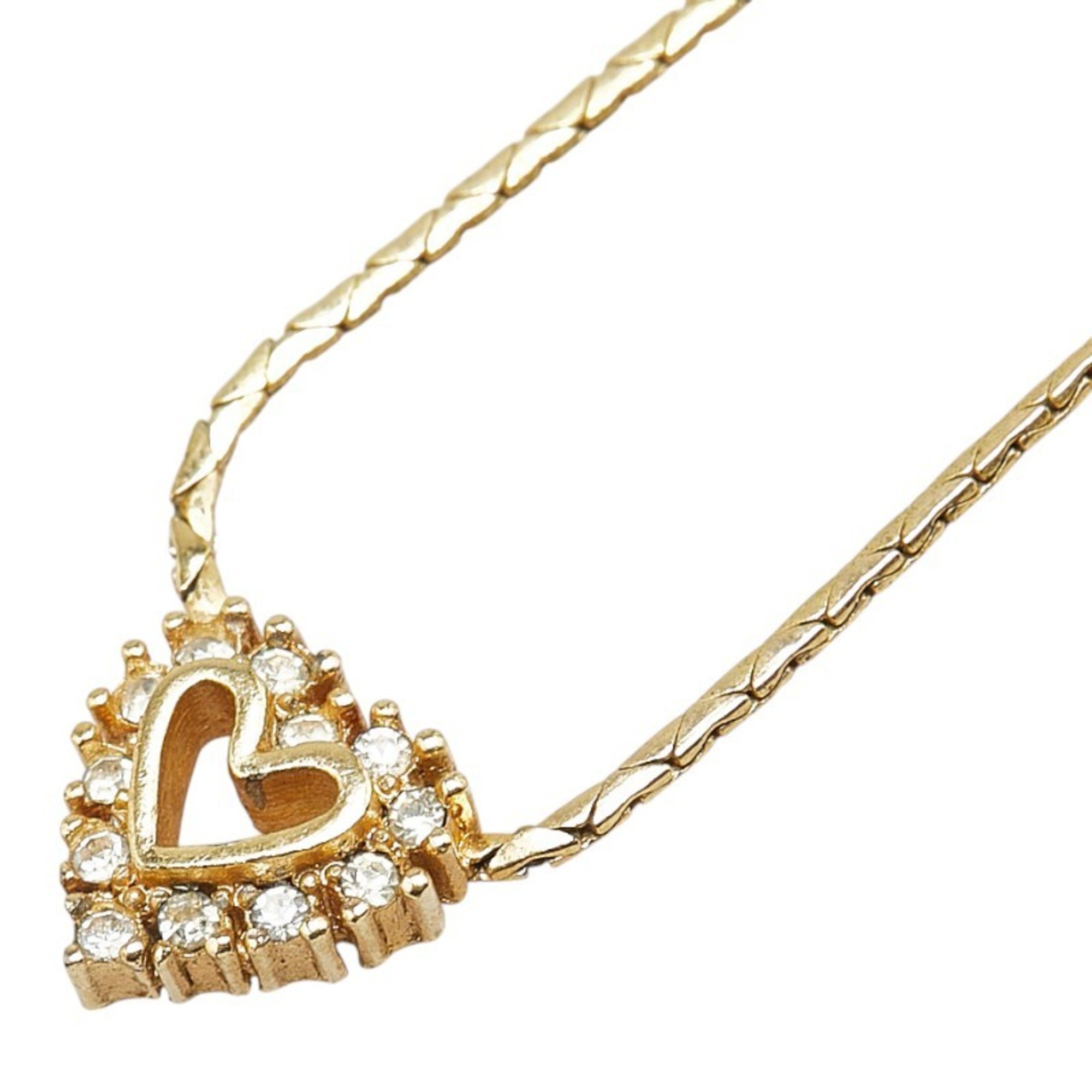 Christian Dior Dior Heart Motif Rhinestone Necklace Gold Plated Womens 270$